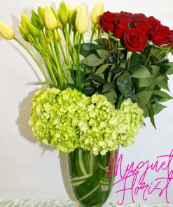 Radiant Elegance: A Captivating Bouquet of Red Roses, Yellow Tulips, and Green Hydrangeas Deeba Arrangement