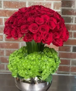 Crimson Elegance: Red Roses and Green Hydrangea Arrangement