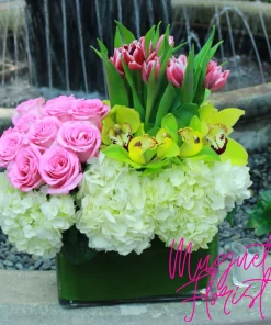 English Garden Bliss: Orchid, Tulip, Hydrangeas, and Roses Arrangement