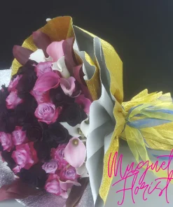 Regal Elegance: Black and Purple Rose Delight Wrap Bouquet